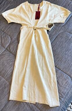 TEASEL by ATORIE Linen Blend Tie Waist Midi Dress Size Small Beige Minimalist